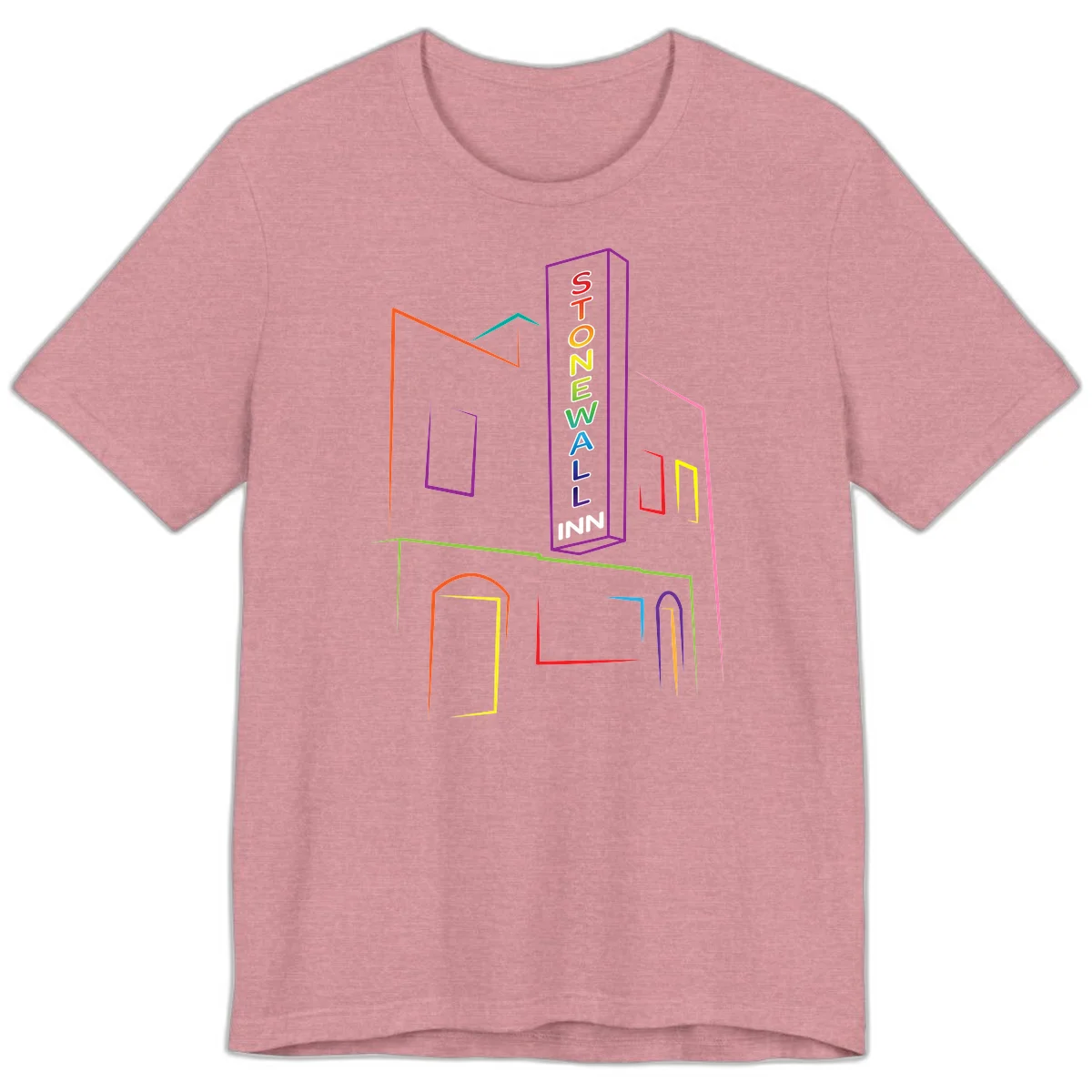 Stonewall Inn neon sign illustration in rainbow colors with building outline and colorful window frames in Heather Orchid