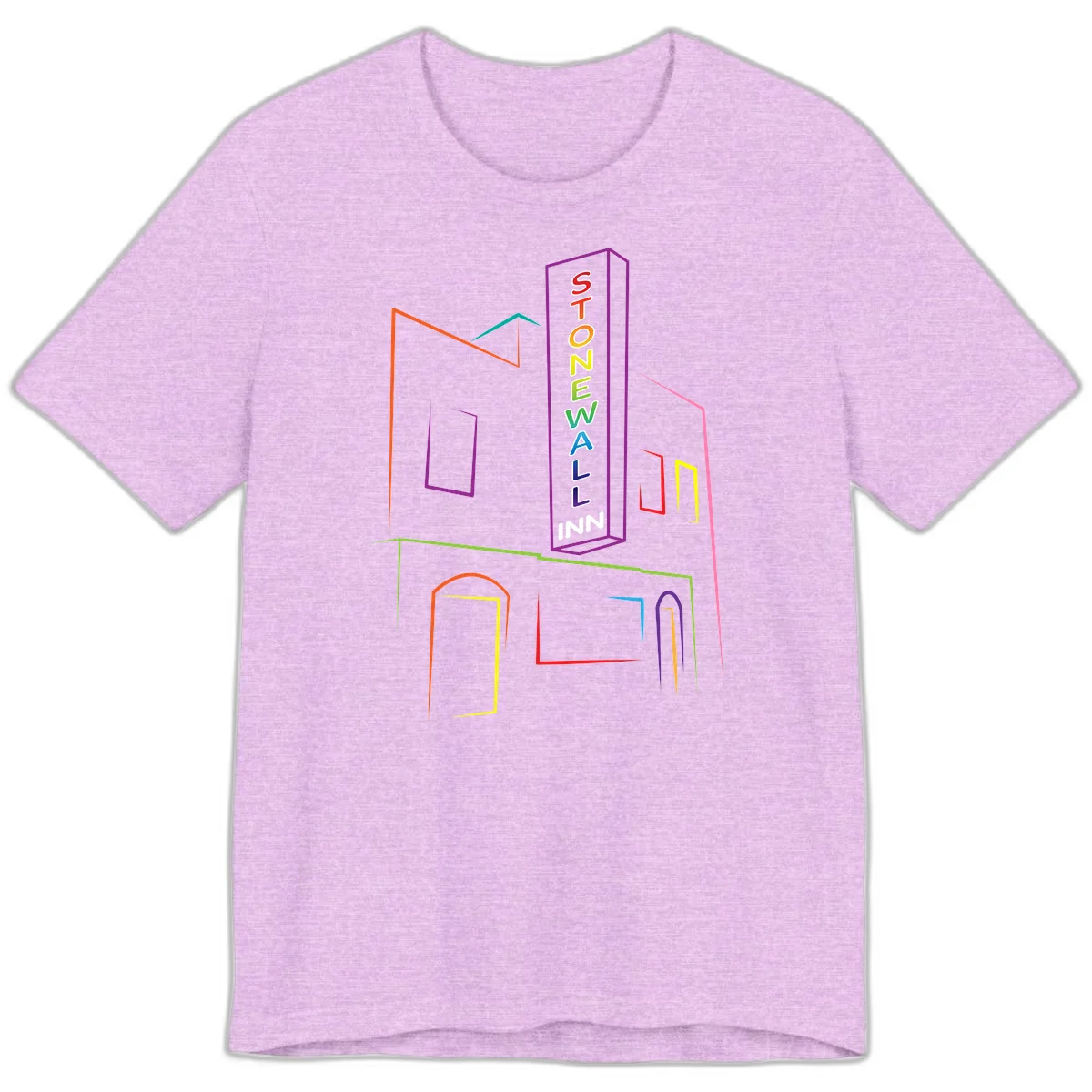 Stonewall Inn neon sign illustration in rainbow colors with building outline and colorful window frames in Heather Prism Lilac
