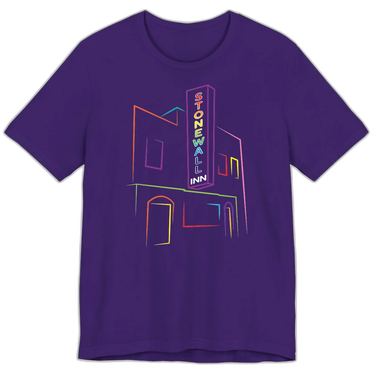Stonewall Inn neon sign illustration in rainbow colors with building outline and colorful window frames in Team Purple