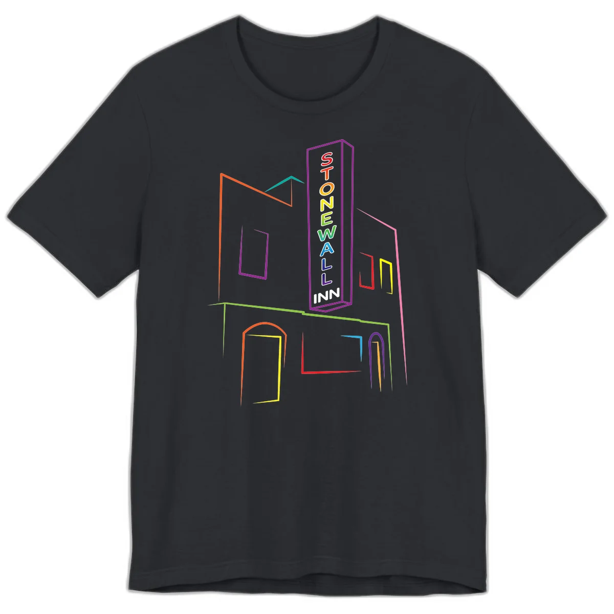 Stonewall Inn neon sign illustration in rainbow colors with building outline and colorful window frames in Vintage Black