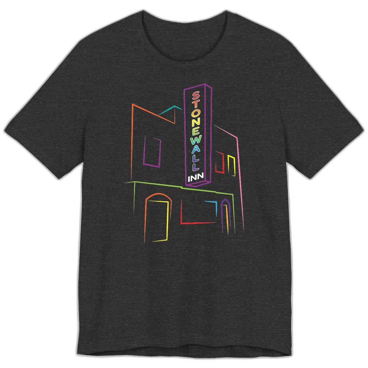 Stonewall Inn neon sign illustration in rainbow colors with building outline and colorful window frames in Dark Grey Heather
