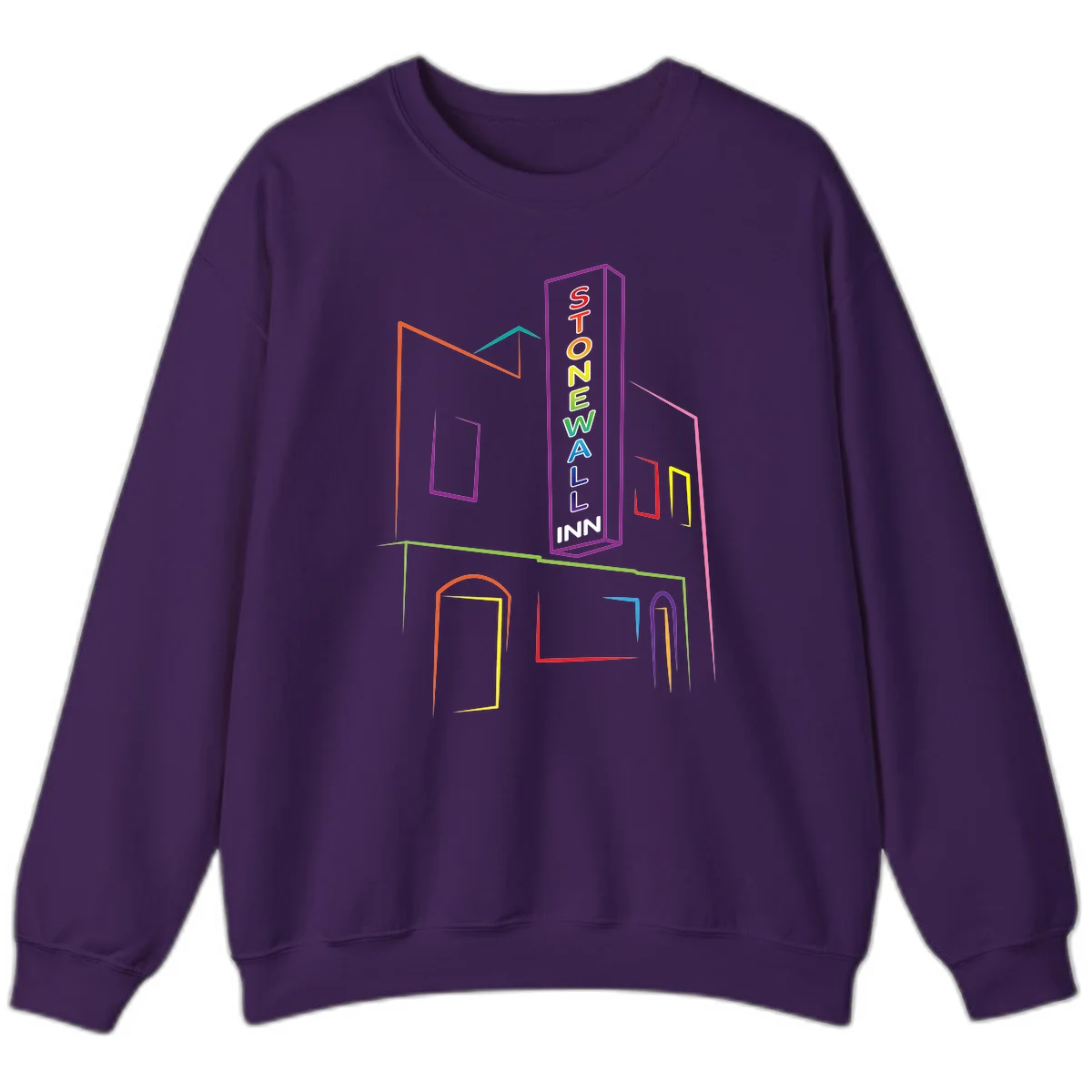 Stonewall Inn neon sign illustration in rainbow colors with building outline and colorful window frames in Purple