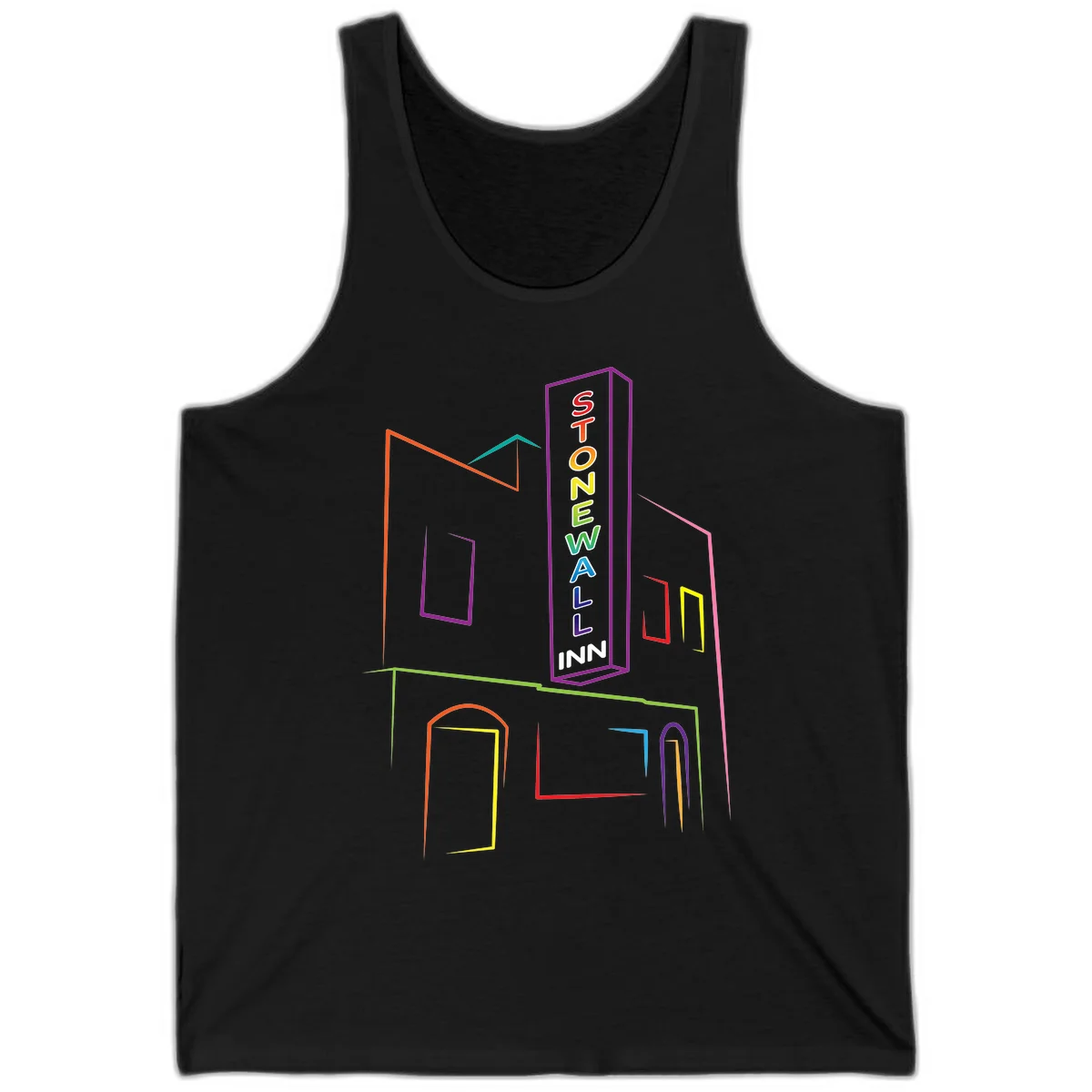 Stonewall Inn neon sign illustration in rainbow colors with building outline and colorful window frames in Black