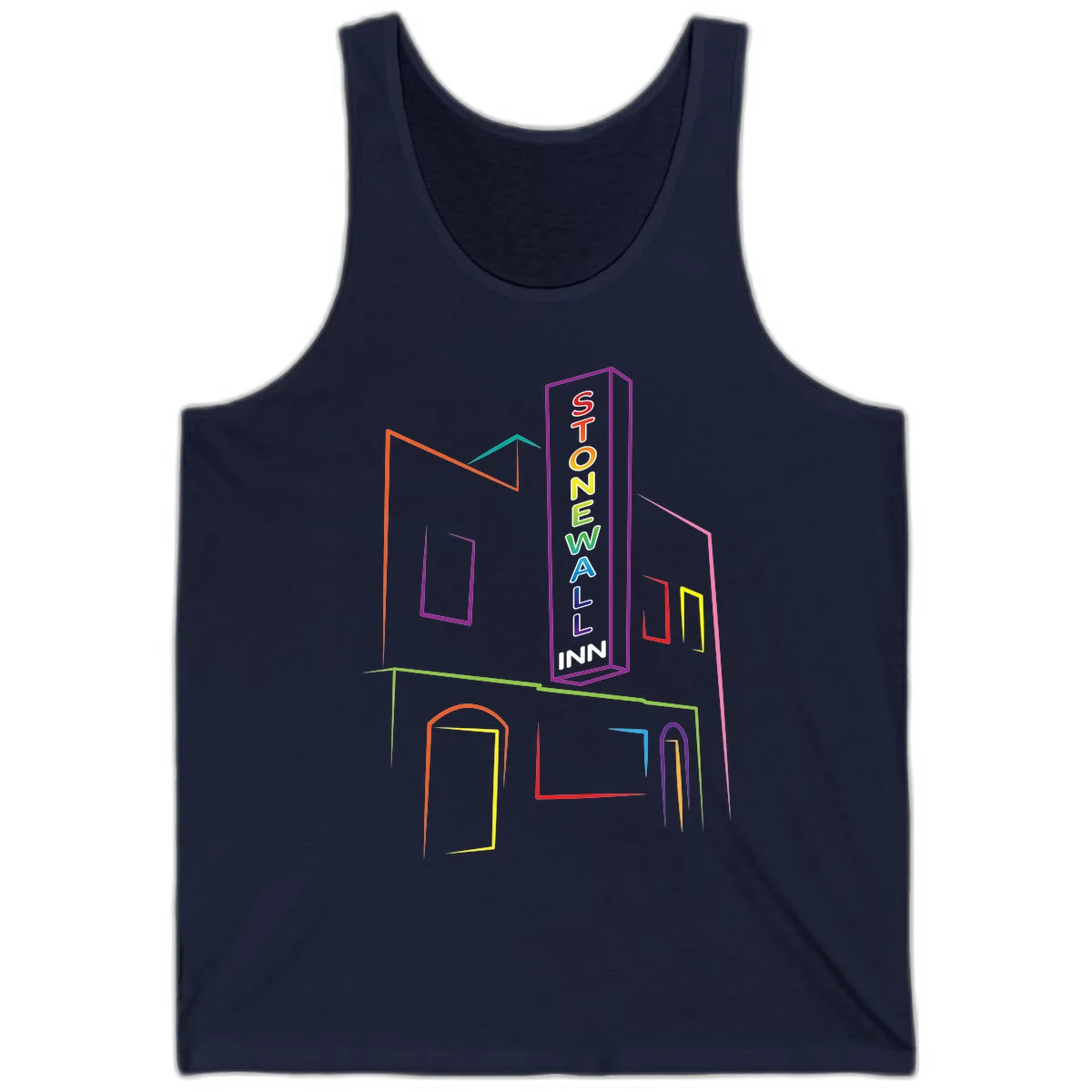 Stonewall Inn neon sign illustration in rainbow colors with building outline and colorful window frames in Navy