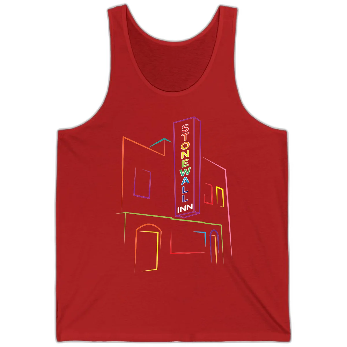 Stonewall Inn neon sign illustration in rainbow colors with building outline and colorful window frames in Red