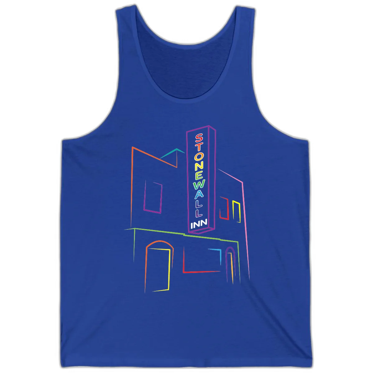 Stonewall Inn neon sign illustration in rainbow colors with building outline and colorful window frames in True Royal