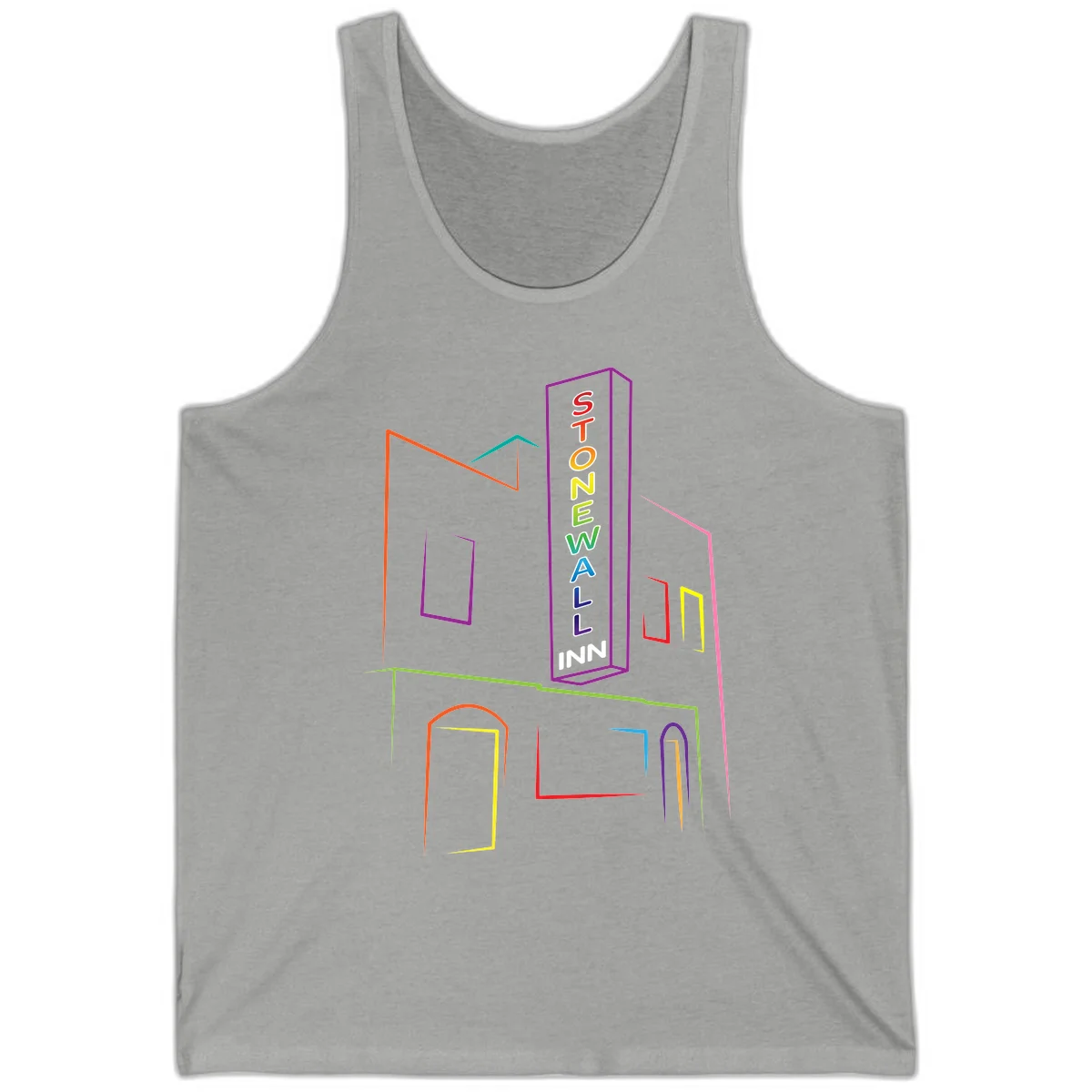 Stonewall Inn neon sign illustration in rainbow colors with building outline and colorful window frames in Athletic Heather