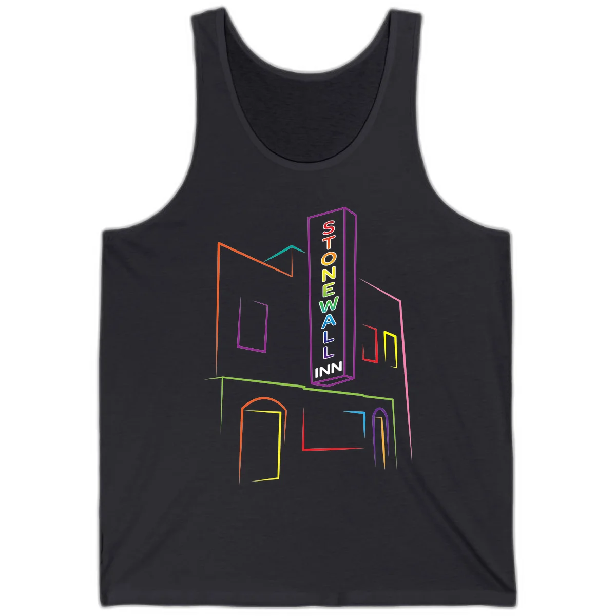 Stonewall Inn neon sign illustration in rainbow colors with building outline and colorful window frames in Dark Grey