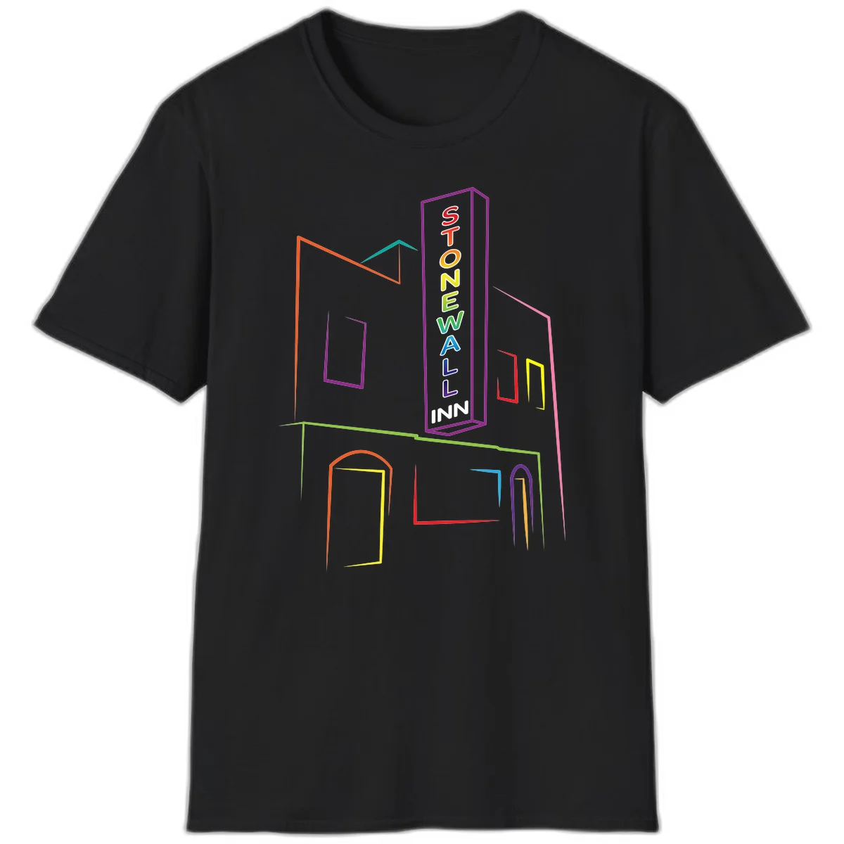 Stonewall Inn neon sign illustration in rainbow colors with building outline and colorful window frames in Black