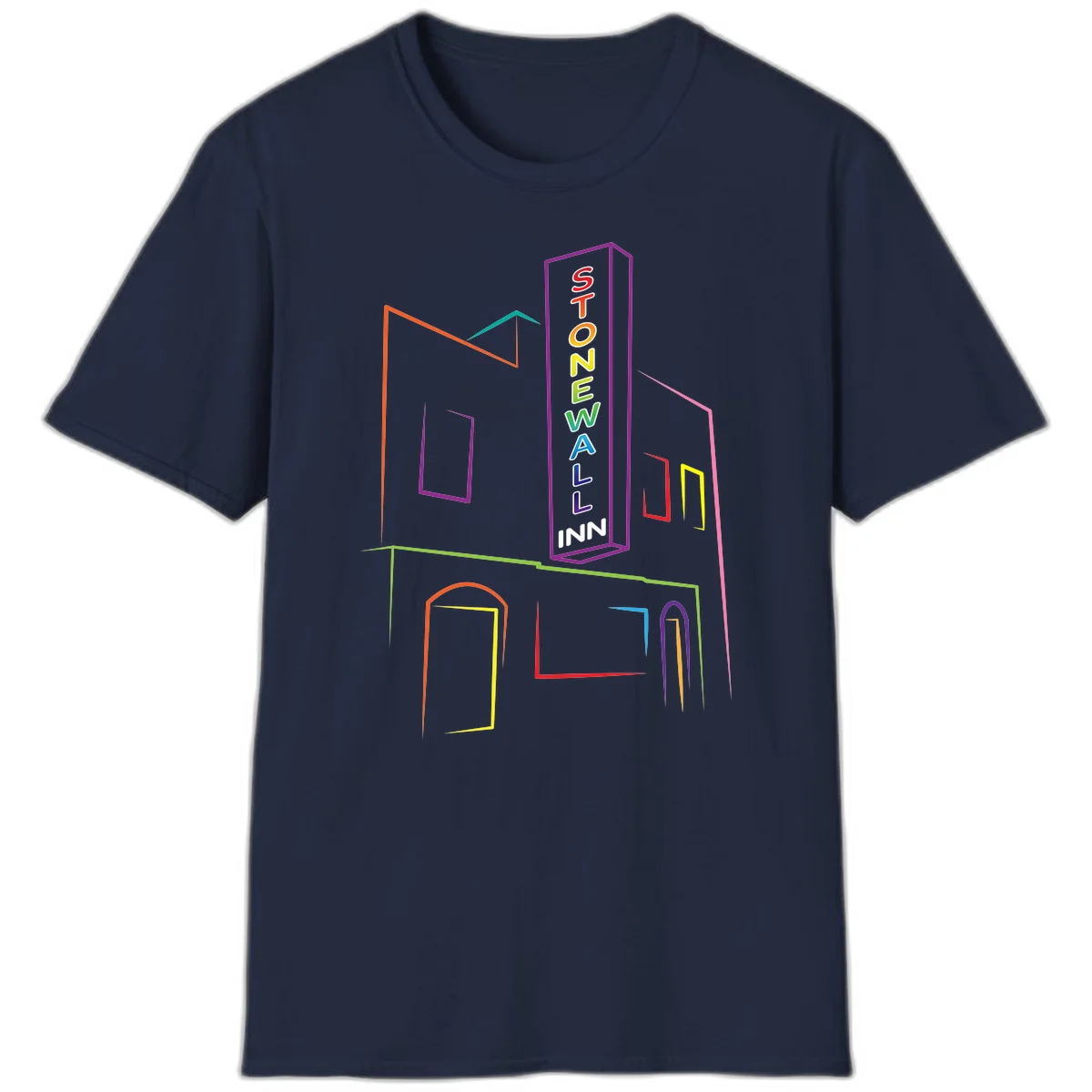 Stonewall Inn neon sign illustration in rainbow colors with building outline and colorful window frames in Navy