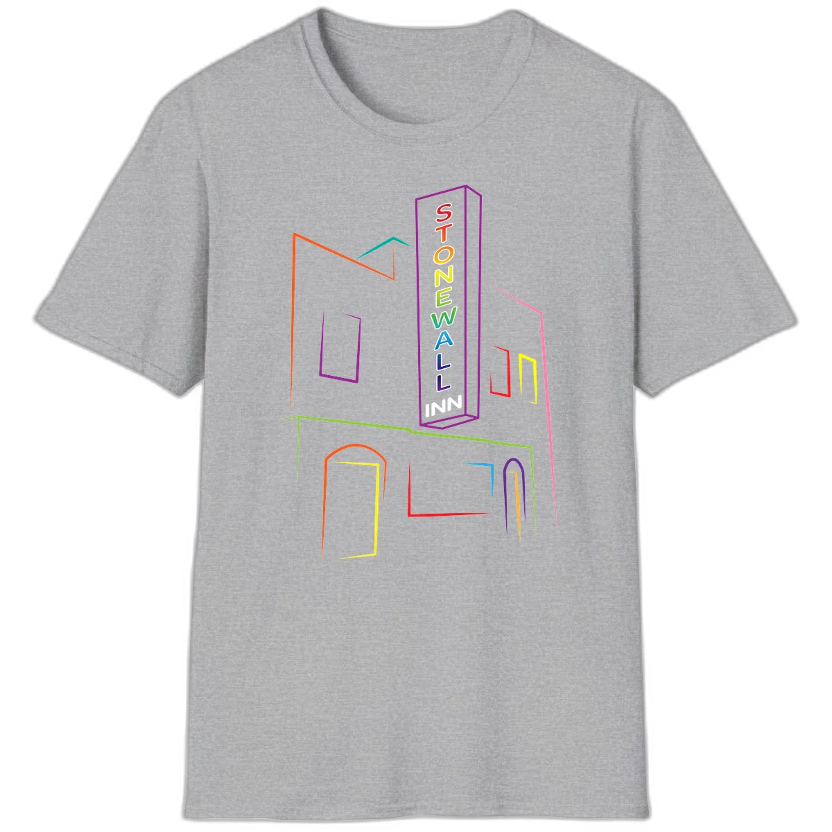 Stonewall Inn neon sign illustration in rainbow colors with building outline and colorful window frames in Sport Grey