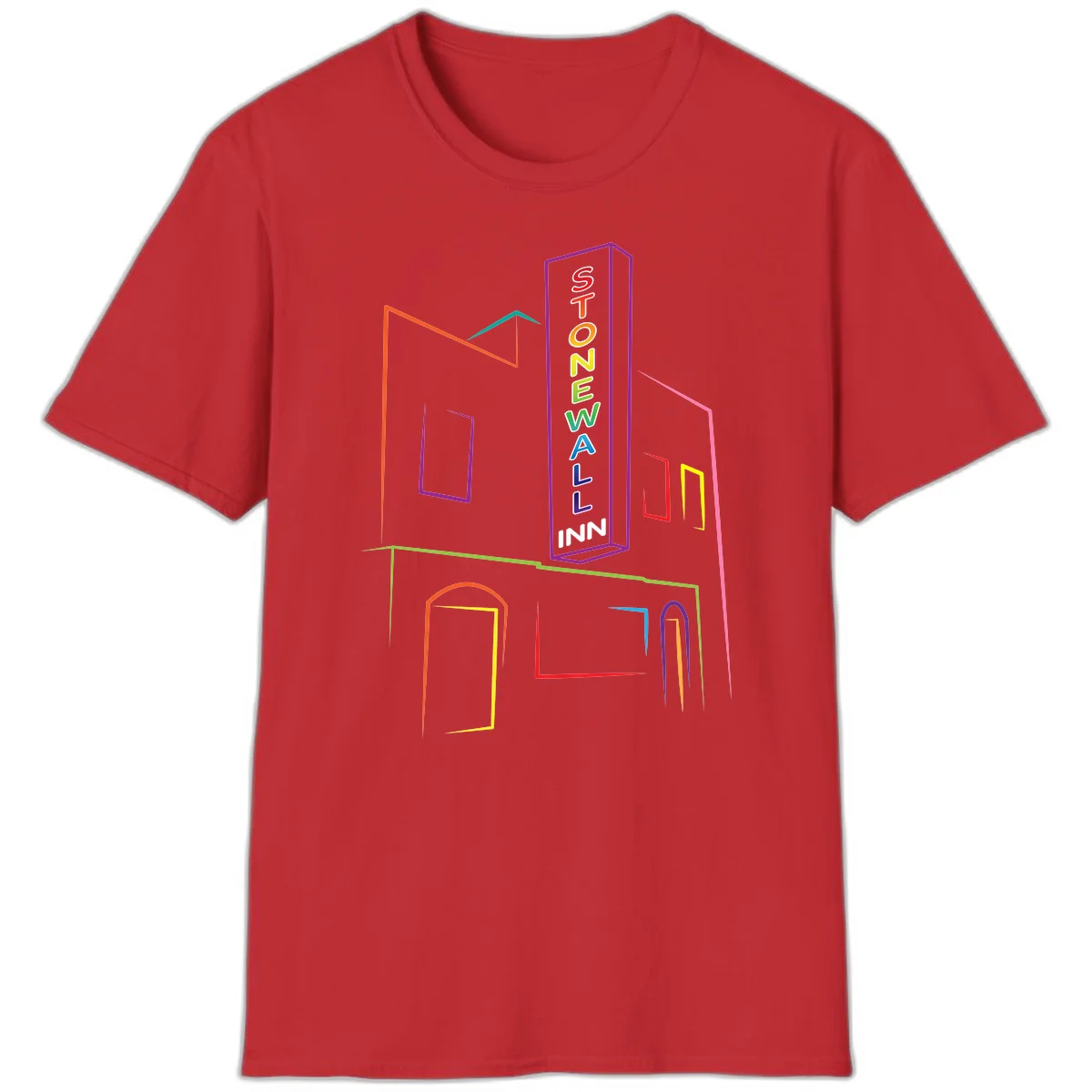 Stonewall Inn neon sign illustration in rainbow colors with building outline and colorful window frames in Red