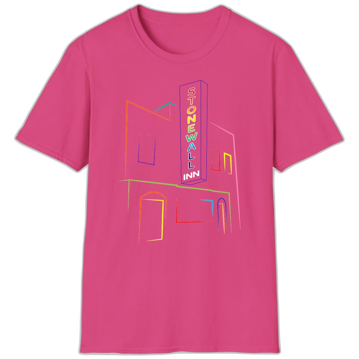 Stonewall Inn neon sign illustration in rainbow colors with building outline and colorful window frames in Heliconia