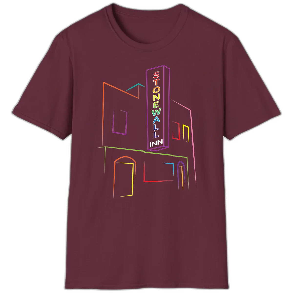 Stonewall Inn neon sign illustration in rainbow colors with building outline and colorful window frames in Maroon