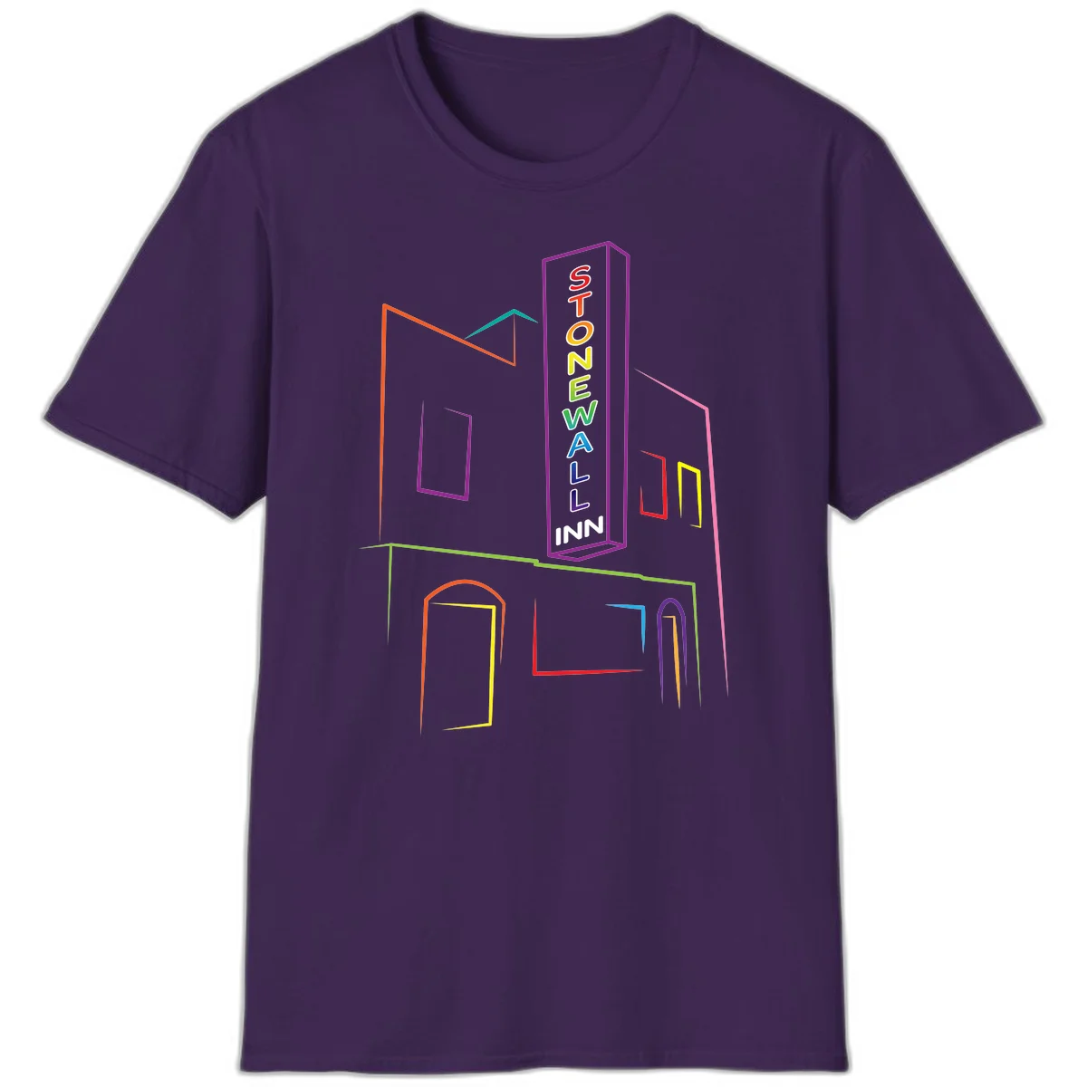 Stonewall Inn neon sign illustration in rainbow colors with building outline and colorful window frames in Purple