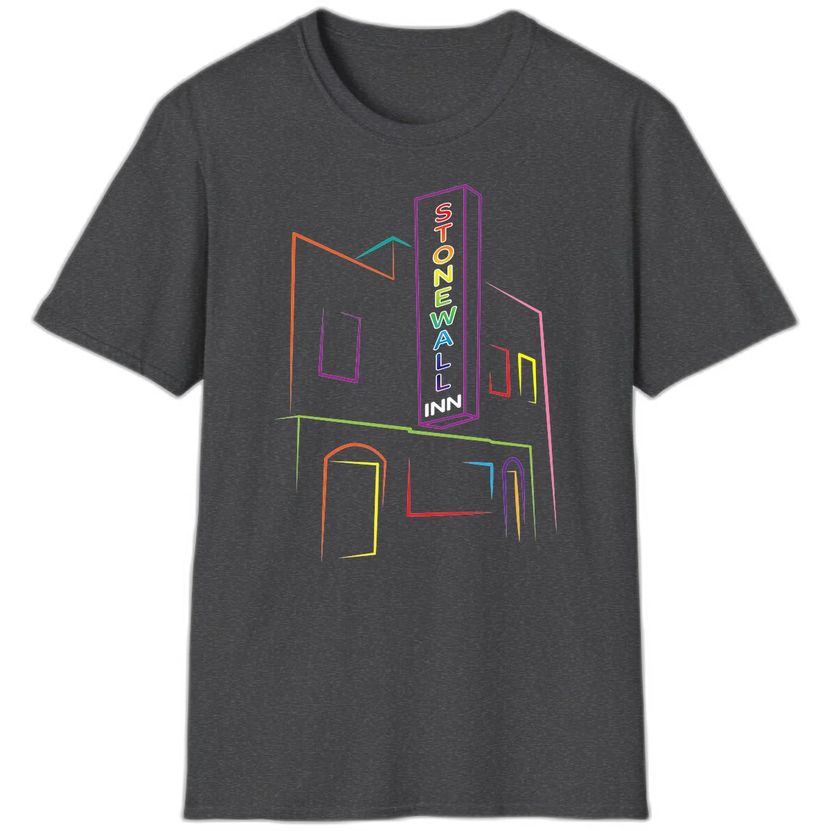 Stonewall Inn neon sign illustration in rainbow colors with building outline and colorful window frames in Dark Heather